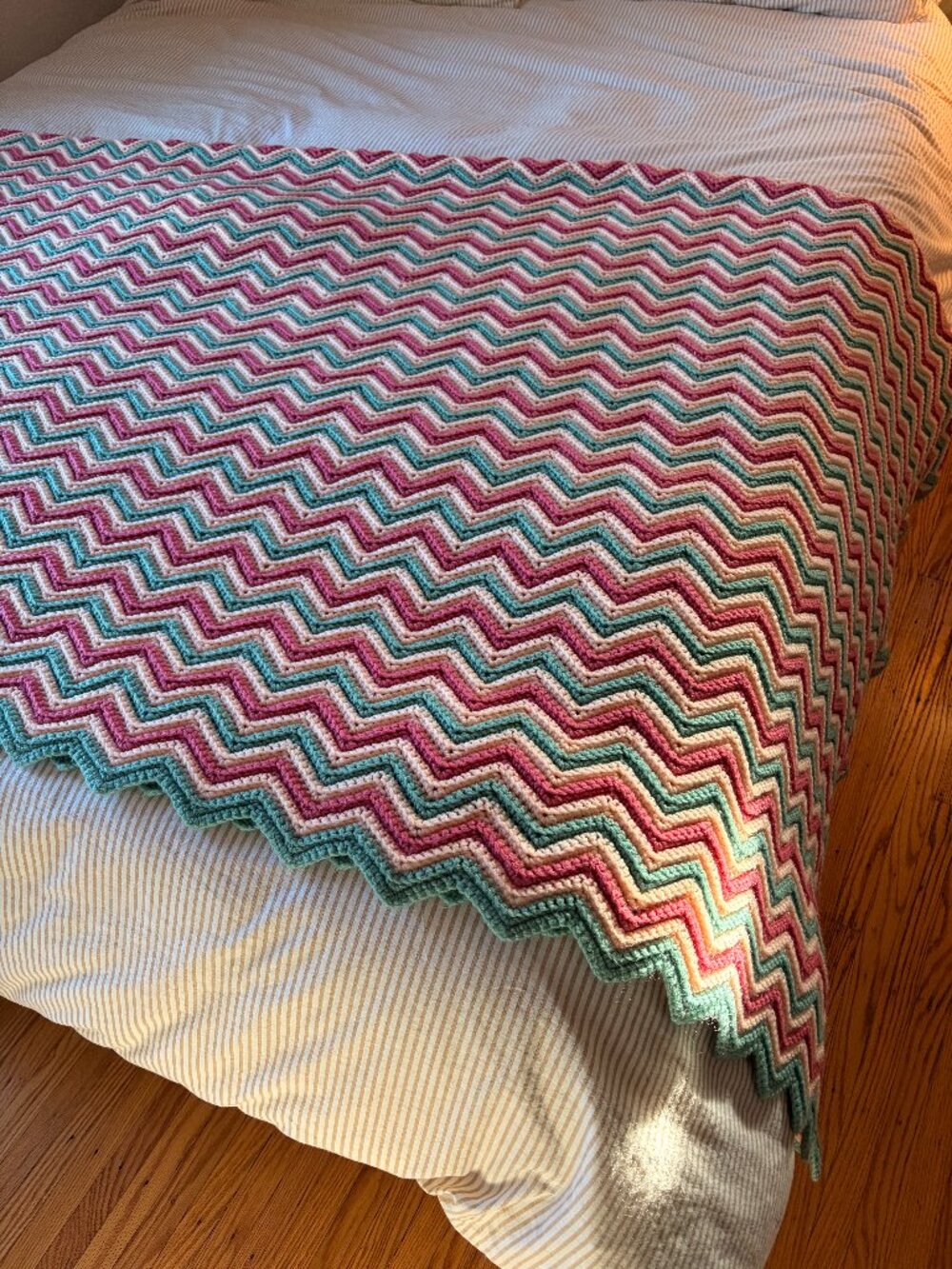 Vintage Handmade Crochet Queen Blanket | Chevron Ripple | Pink, Teal & Coral